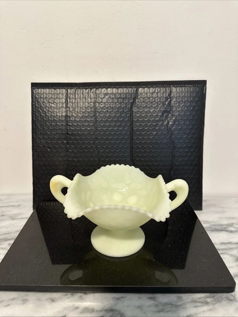 Fenton Uranium (glow) Milk Glass Double Handle Footed Dish, Fruit & leaves